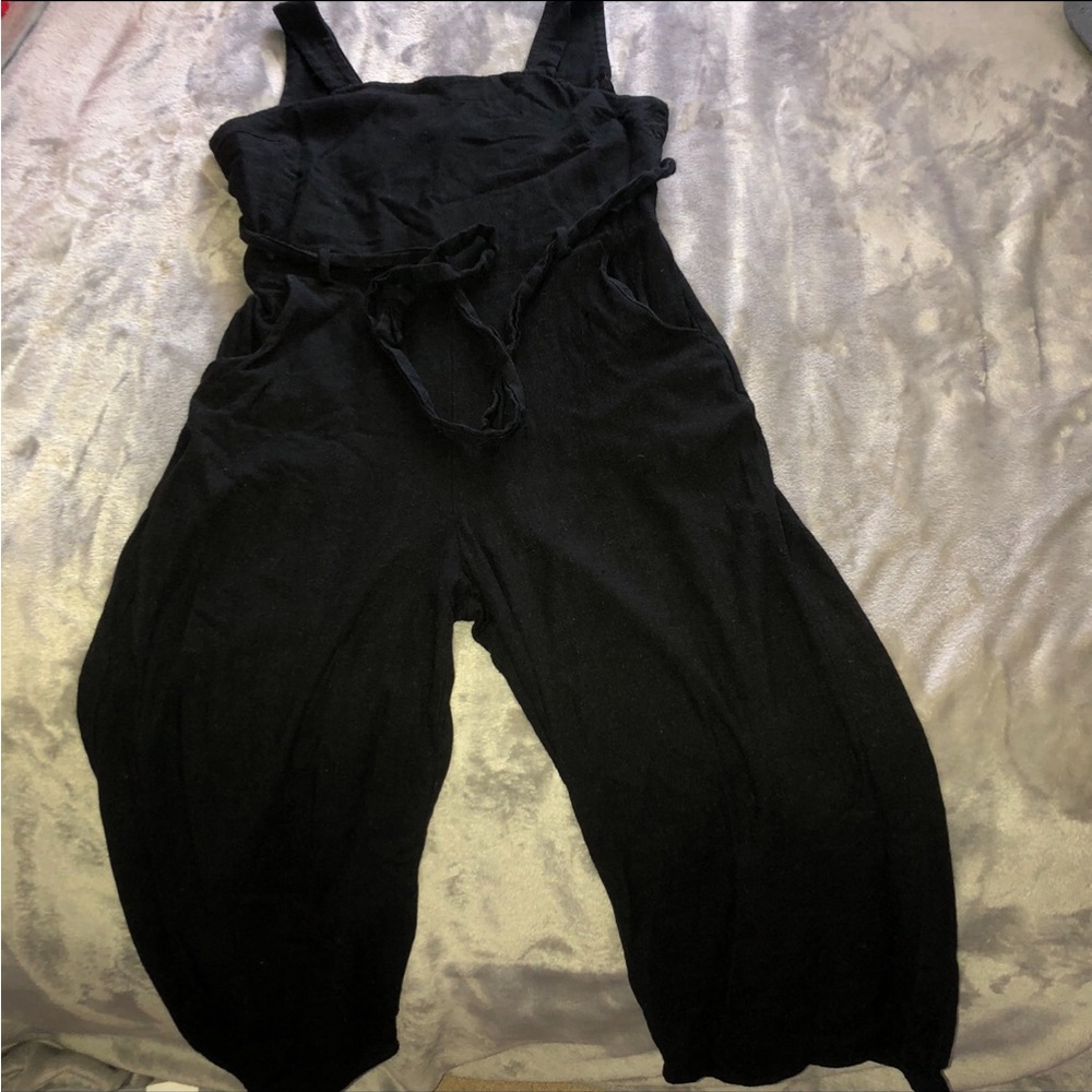 Monteau Black Linen Sleeveless Tie-Waist Jumpsuit